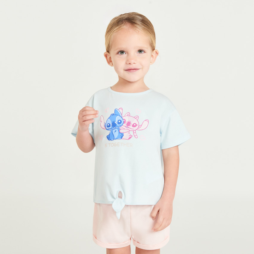 Camiseta de manga corta anudada con Stitch y Angel de Disney para niña. 