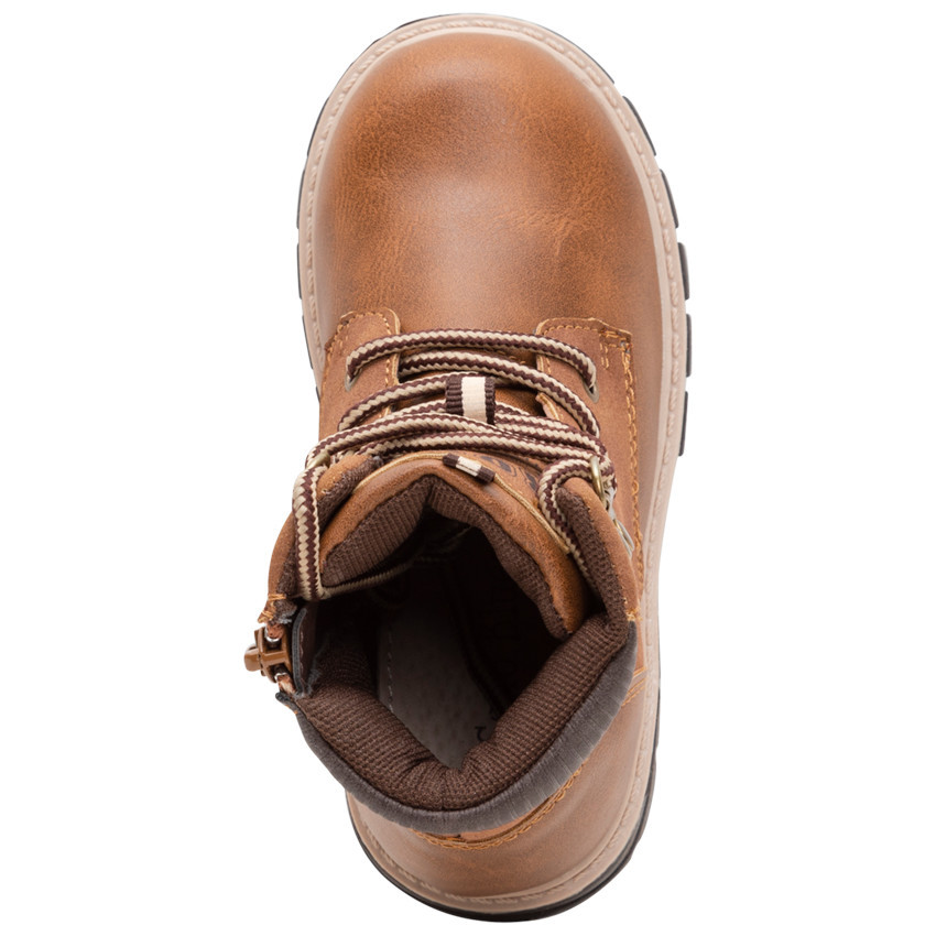 Botines efecto cuero color cognac con cordones y cremallera. 