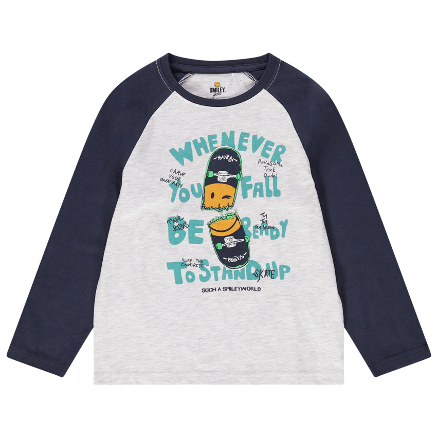 Camiseta de manga larga de punto bicolor con skateboard estampado 