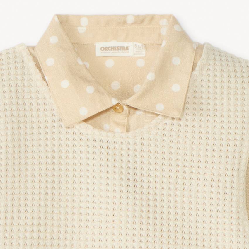 Camisa de manga larga con lunares + suéter de punto liso para niña 