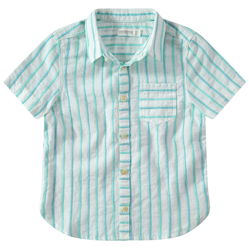 Camisa de manga corta de rayas de jacquard que contrastan y bolsillo   Additional Camisa de manga corta de rayas de jacquard que contrastan y bolsillo