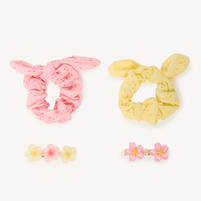Lote de 2 gomas de pelo de bordado inglés y 2 horquillas para niña 