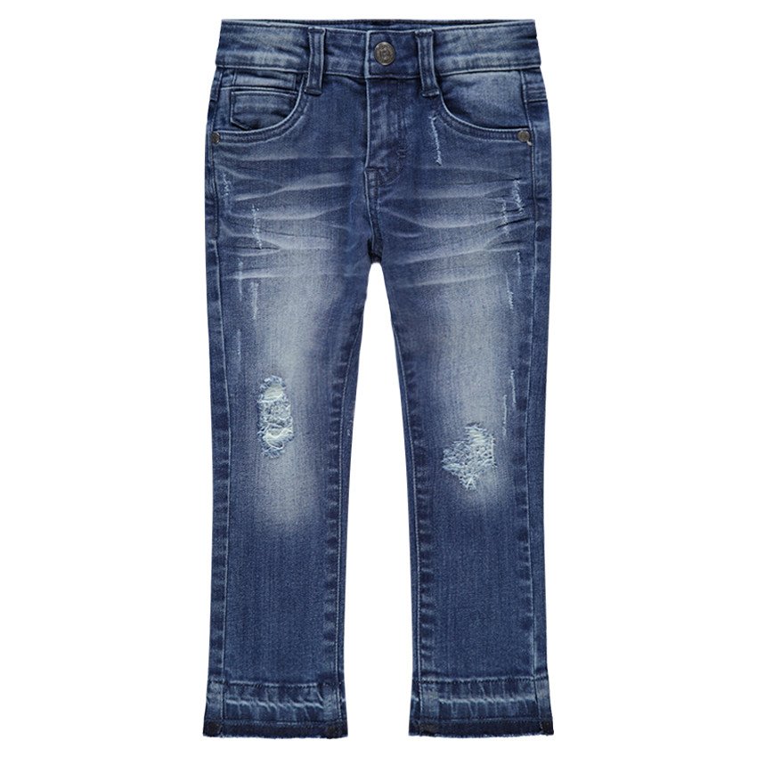 Vaqueros con efecto desgastado y arrugado con inscripción estampada en la espalda 