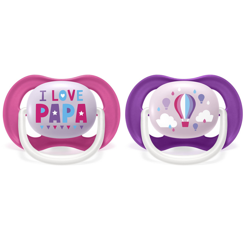 Pack de 2 chupetes de silicona I love Papa/ globo 6-18 meses - Rosa/ violeta 