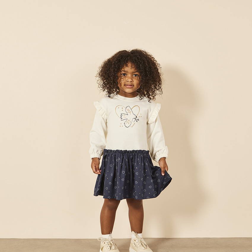 Vestido bicolor efecto 2 en 1 con estampado de pájaros para bebé niña 