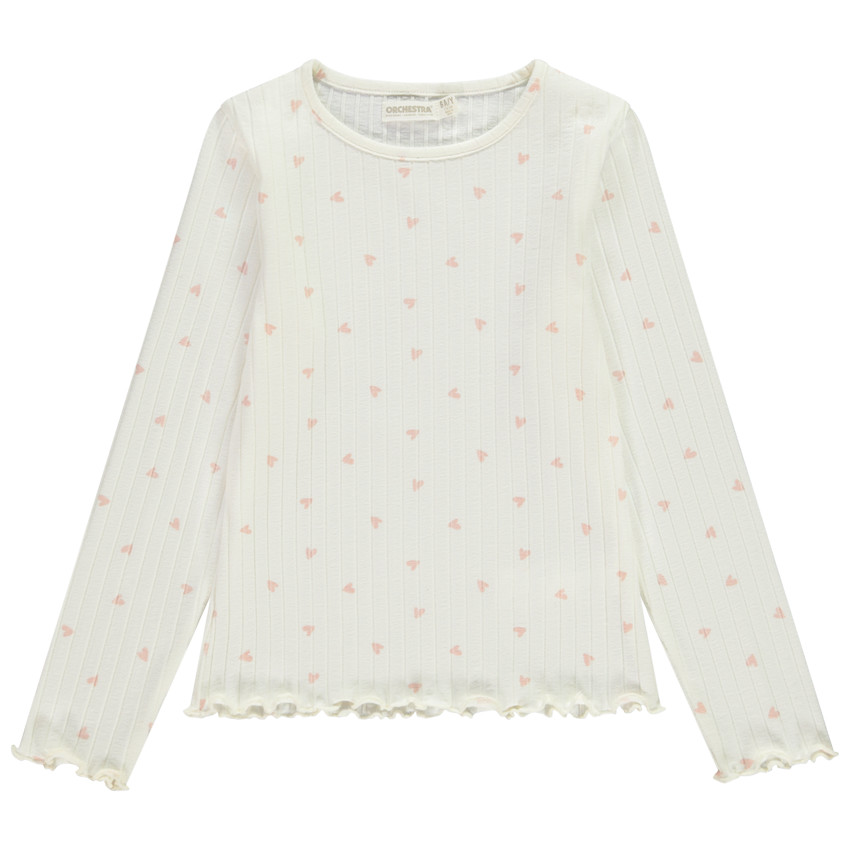 Camiseta de manga larga de punto acanalado con estampado de corazón para niña 