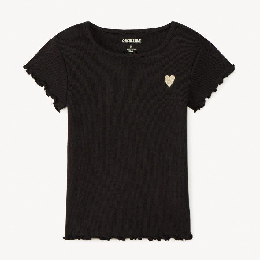 Camiseta de manga corta de punto acanalado con corazón bordado niña 