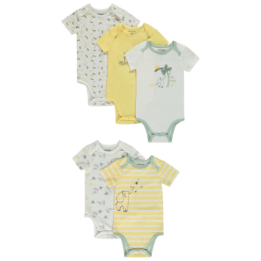 Lote de 5 bodies de manga corta fantasía para bebé con diferentes aperturas según la edad 