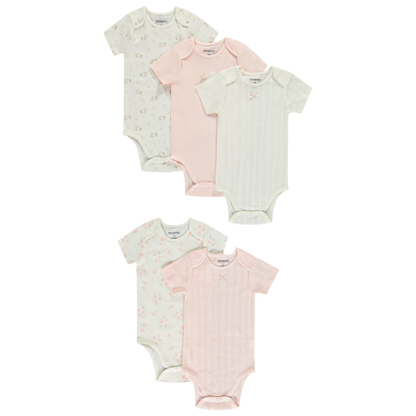 Lote de 5 Bodies de manga corta con diseños variados para niña con aberturas diferentes según la edad.  Additional Lote de 5 Bodies de manga corta con diseños variados para niña con aberturas diferentes según la edad.