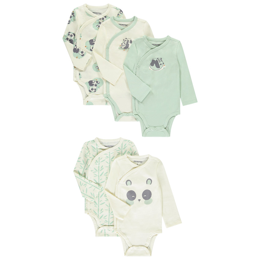 Pack de 5 bodies fantásticos para bebé niño con diferentes aberturas según la edad. 