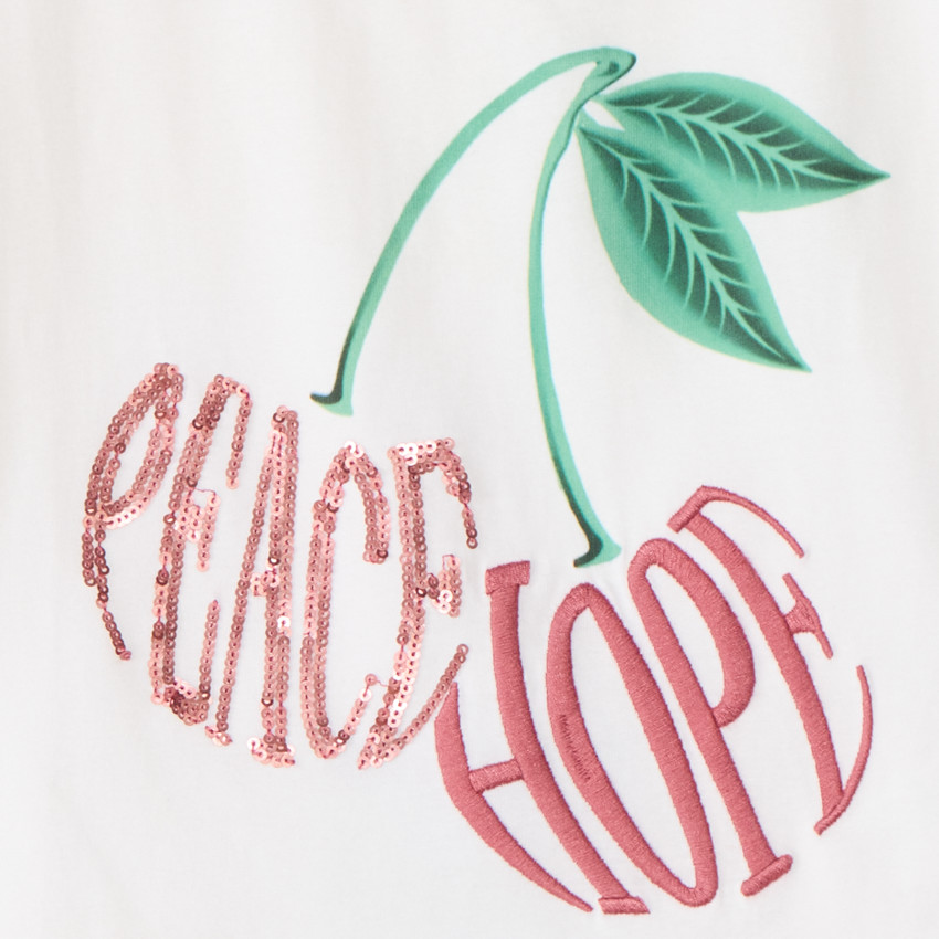 Camiseta de manga corta con diseño de cereza bordado y con lentejuelas para niña. 