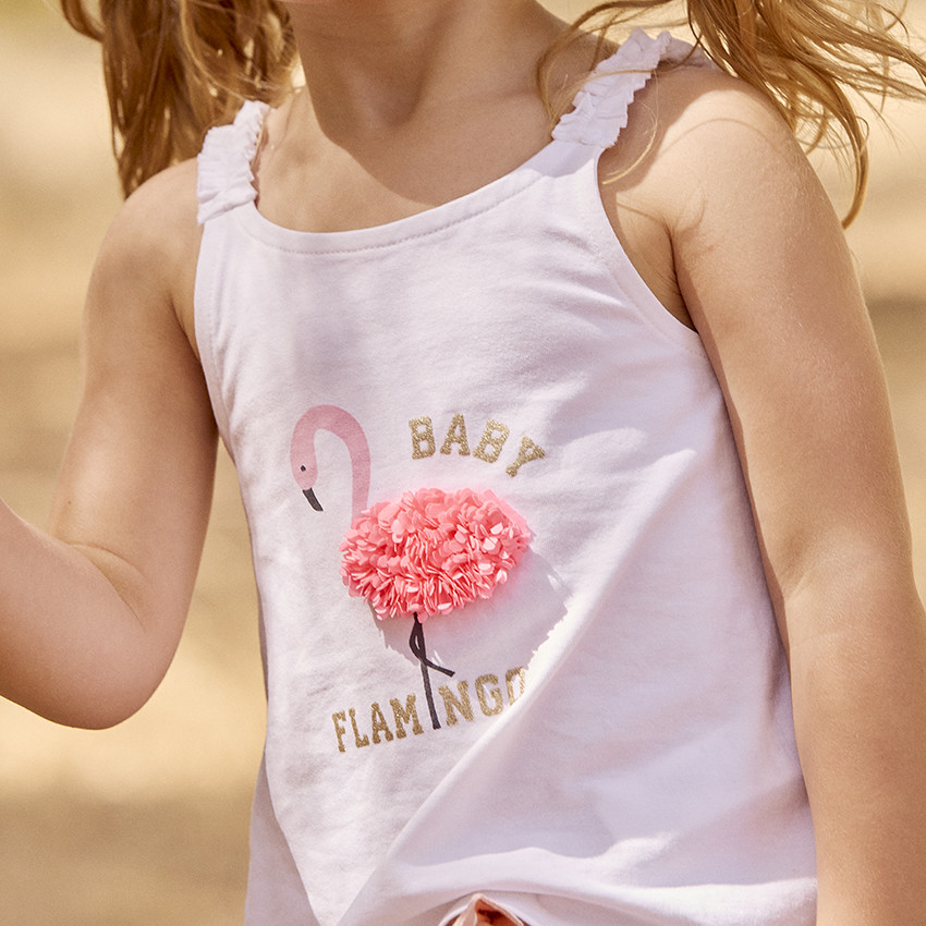 Camiseta sin mangas lisa con estampado de flamenco rosa efecto petalos 3D para bebe nina Orchestra