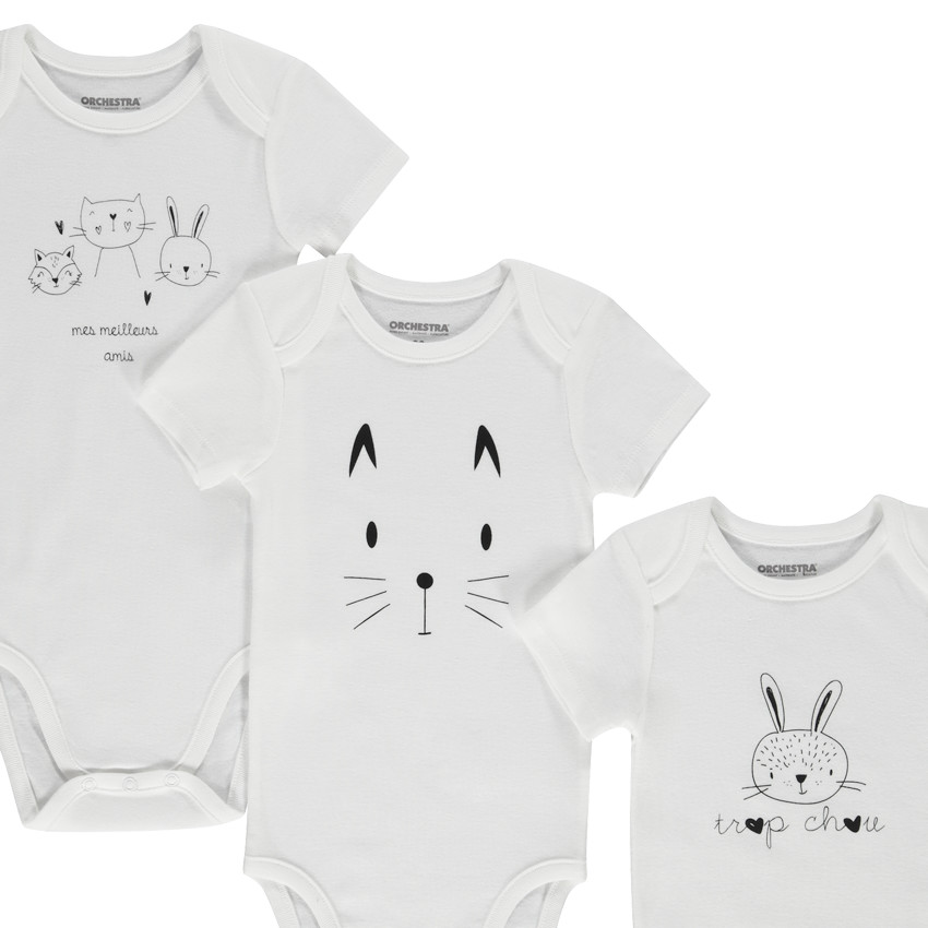 Pack de 3 bodies de manga corta con estampado de animales para bebé niña 