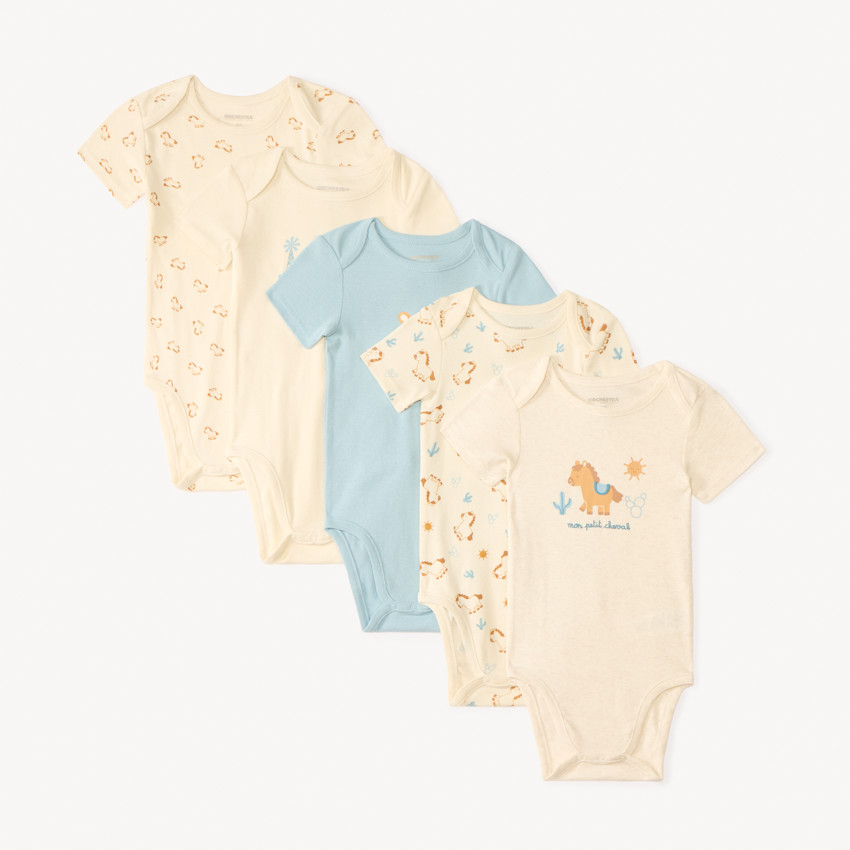 Lote de 5 bodies de manga corta con diseño de pequeño caballo para bebé niño. 