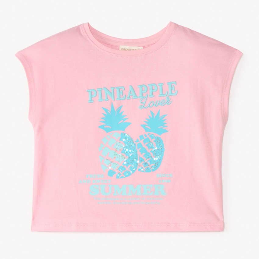 Camiseta de manga corta con estampado de piña, bordado y brillantes para niña. 