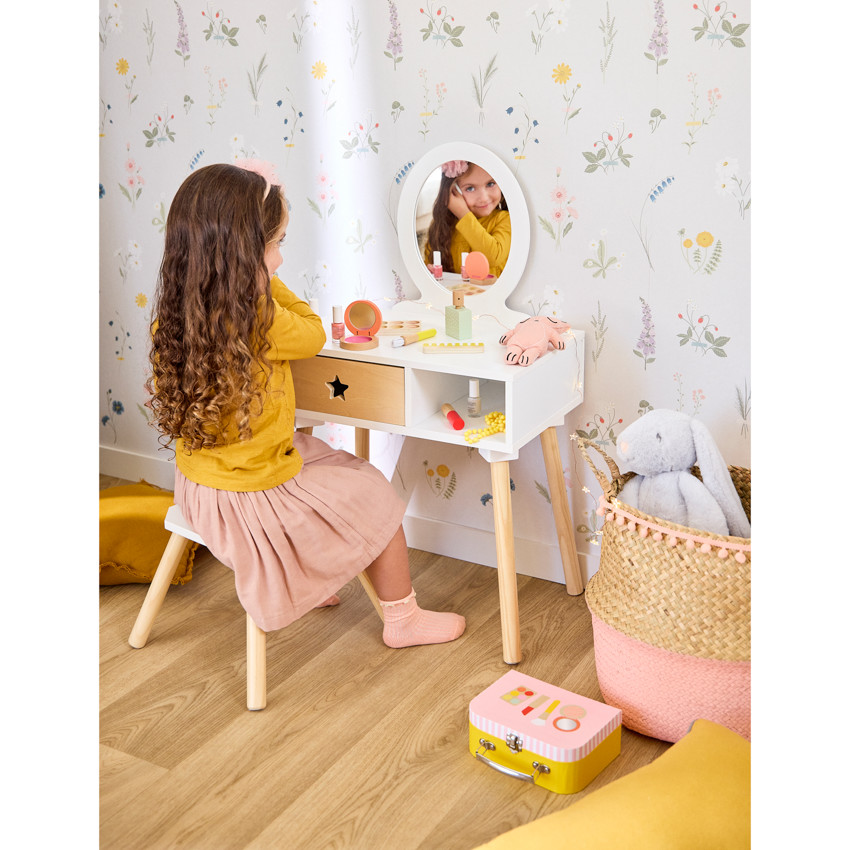 Mesita de tocador funcional con taburete de madera 