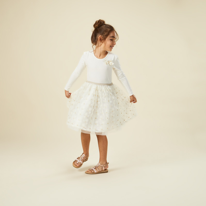 Vestido de ceremonia de manga larga efecto 2 en 1 en tul bordado para niña 
