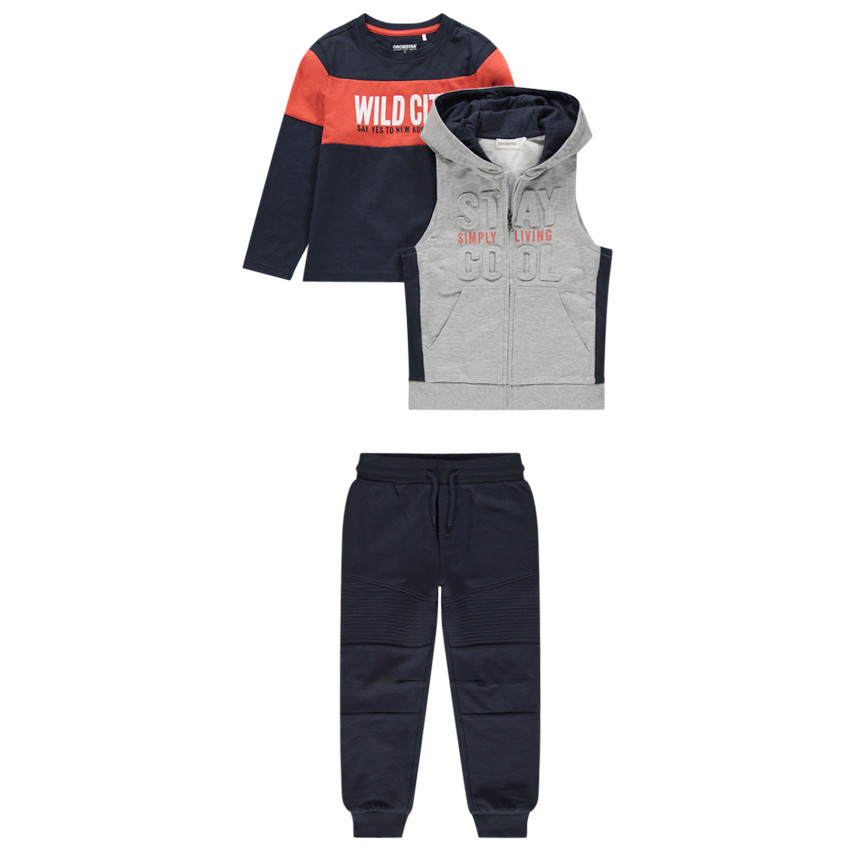 Chándal de 3 piezas con camiseta bicolor, chaqueta con capucha y pantalón liso  Additional Chándal de 3 piezas con camiseta bicolor, chaqueta con capucha y pantalón liso