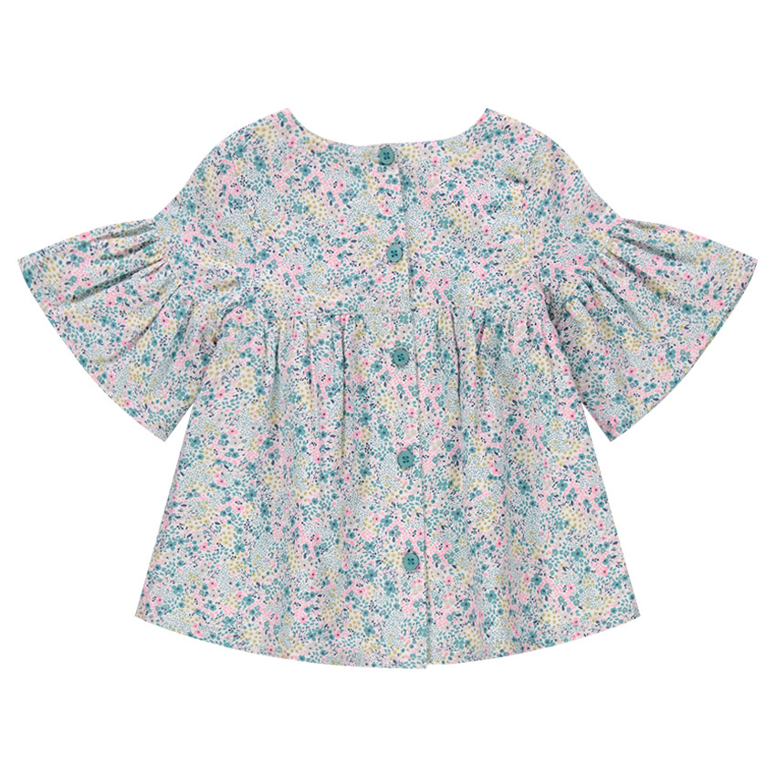 Túnica de manga corta con volantes y flores estampadas 