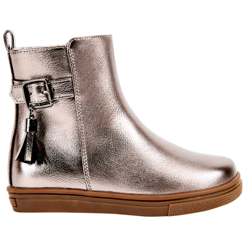 Botines iridiscentes con hebilla y pompón para bebé niña 