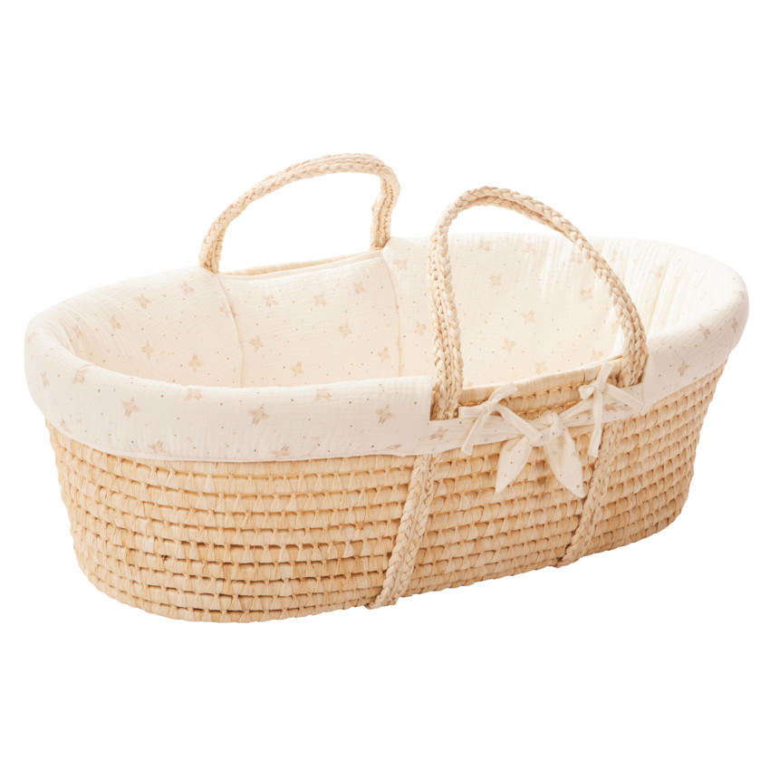 Couffin en osier avec habillage en tetra imprimé écru 