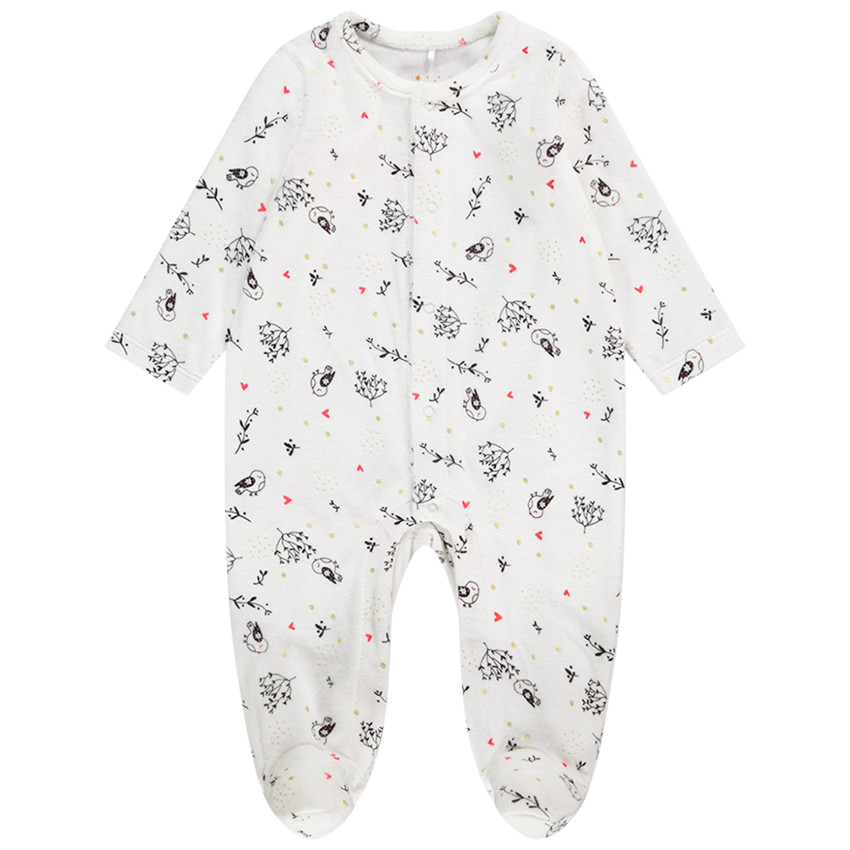 Pelele de terciopelo con estampado de pájaros y corazones para bebé niña 