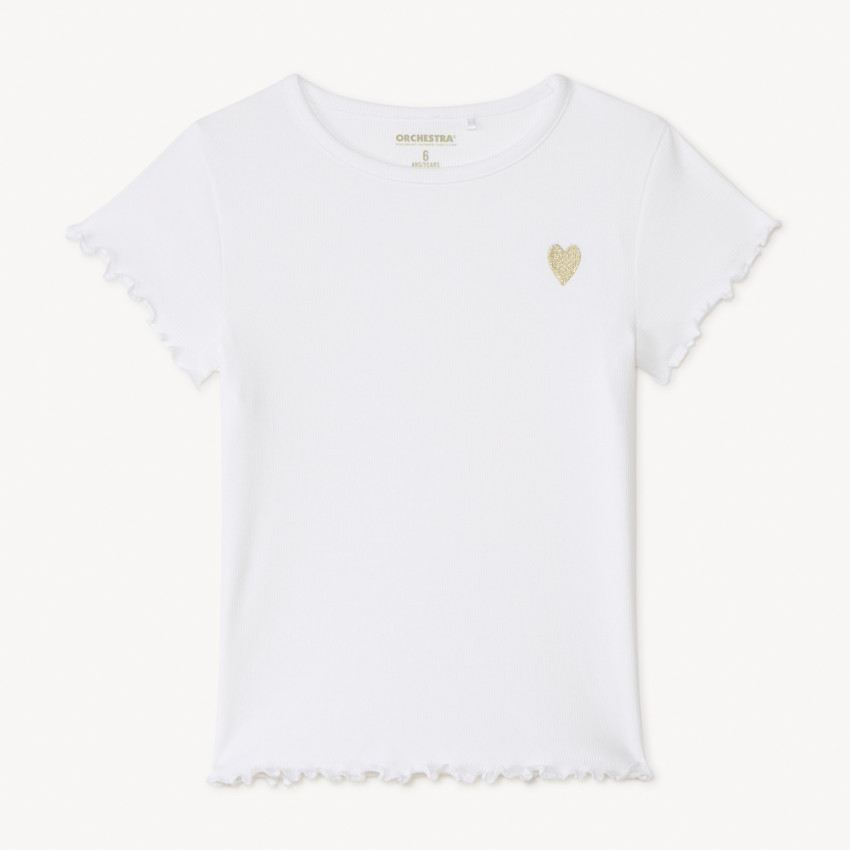 Camiseta de manga corta de punto acanalado con bordado de corazón para niña 