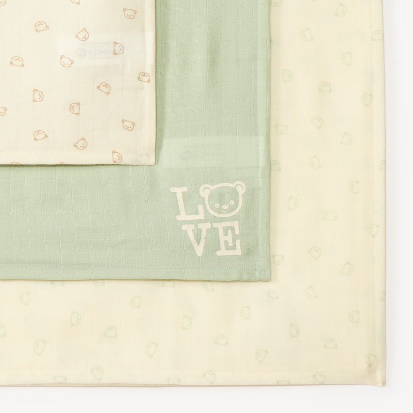 Lote de 3 paños para bebé con estampado de ositos. 