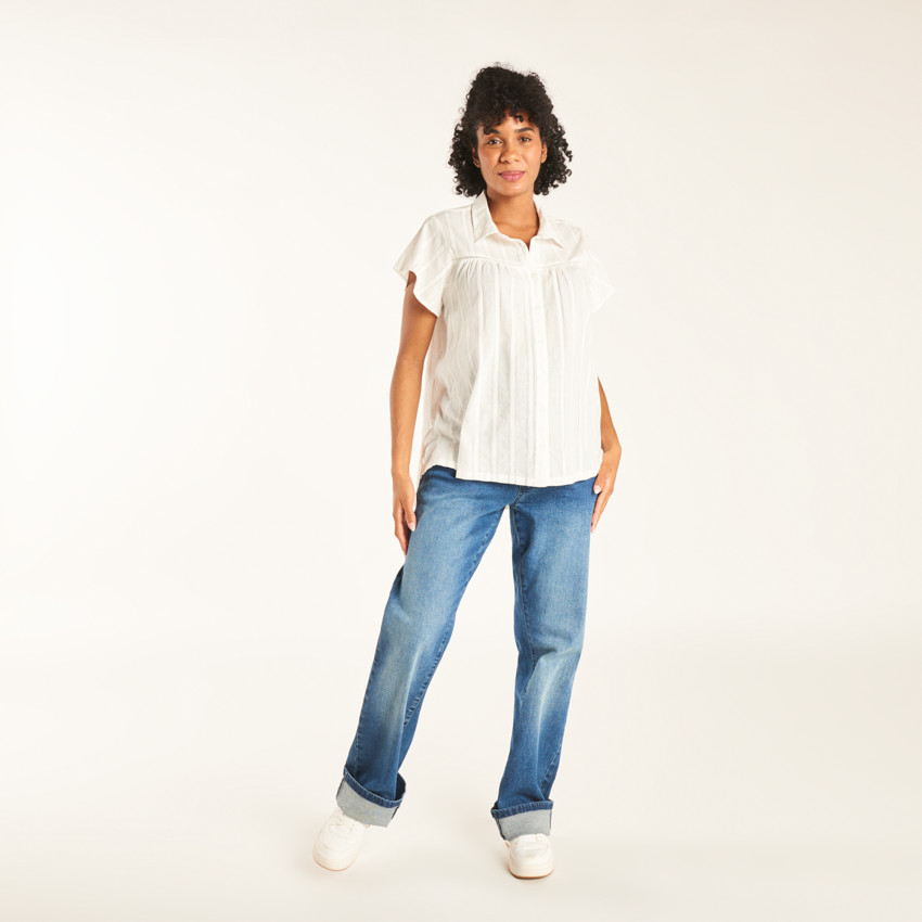 Camisa de manga corta de tela lisa para mujer 