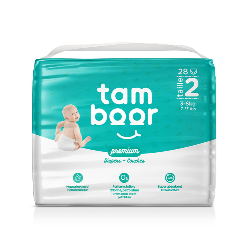 Pañales Premium recién nacido T2 Mini (3-6kg) – x28: Tamboor Premium: uno de los primeros pañales del mundo con la certificación OEKO-TEX® Made in Green, que te garantiza unos pañales 100% seguros. RESPETUOSOS CON LA PIEL DE TU BEBÉ Y CUENTAN CON LA CERTIFICACIÓN OEKO-TEX® MADE IN GREEN: - Cero sustancias nocivas: nuestros pañales están garantizados sin sustancias químicas. Están fabricados con materiales cuidadosamente seleccionados que respetan la delicada piel de tu bebé. 