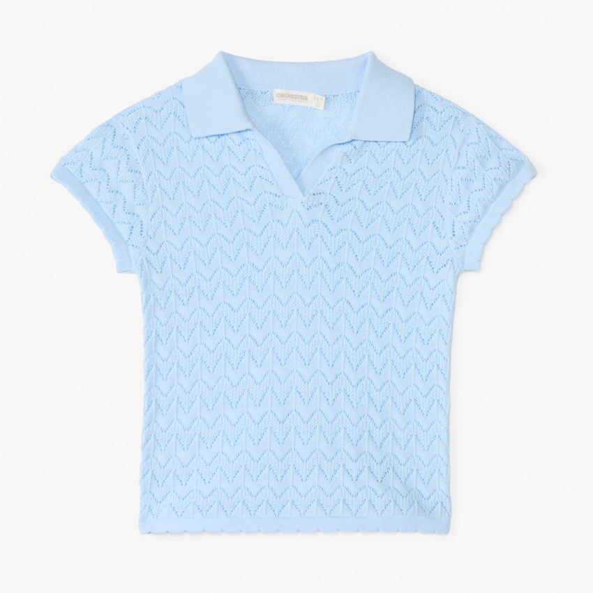 Suéter de punto calado de manga corta para niña. 