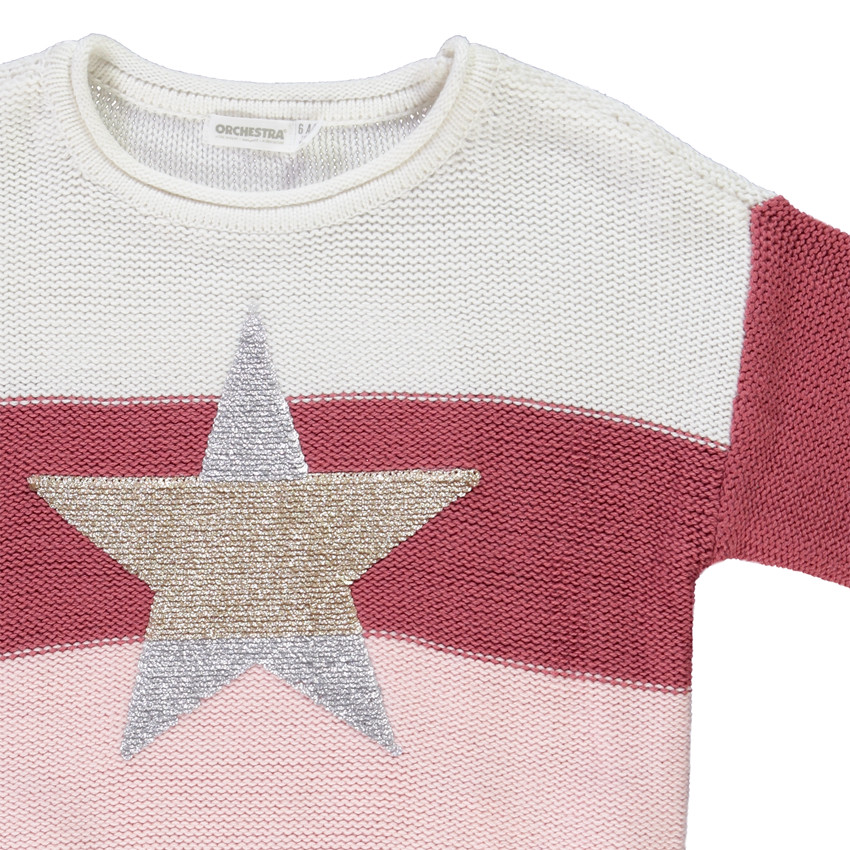 Suéter en tejido de punto efecto color block con estrella de lentejuelas para niña Main Suéter en tejido de punto efecto color block con estrella de lentejuelas para niña