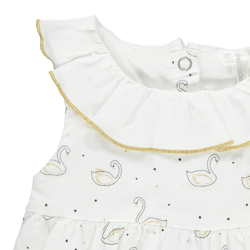 Conjunto con Vestido estampado cisnes y bloomer con nudo dorado  Additional Conjunto con Vestido estampado cisnes y bloomer con nudo dorado