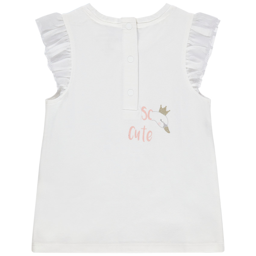Camiseta de manga corta con volantes y cisne estampado 