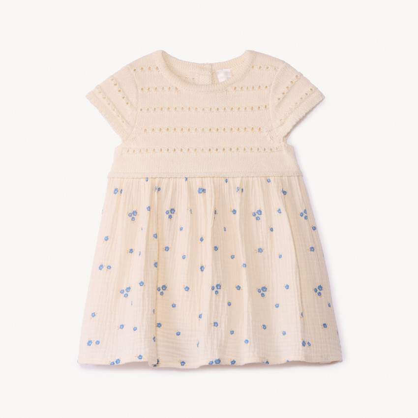 Vestido de manga corta efecto 2 en 1 de dos materiales para bebé niña 