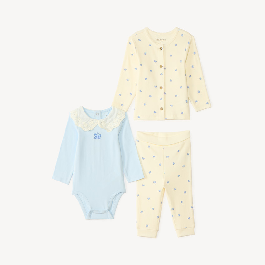 Conjunto de 3 piezas Body con cuello de peter pan + chaleco + pantalón con estampado de mariposas para bebé niña 