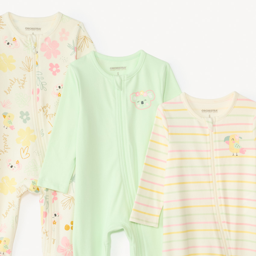 Lote de 3 pijamas de manga larga con cremallera en la parte delantera y estampados para niña bebé 