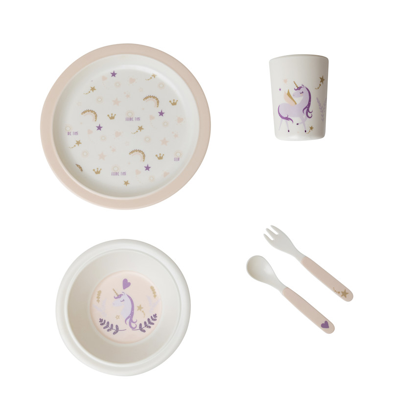 Set repas 5 pièces en mélamine Licorne rose/écru 