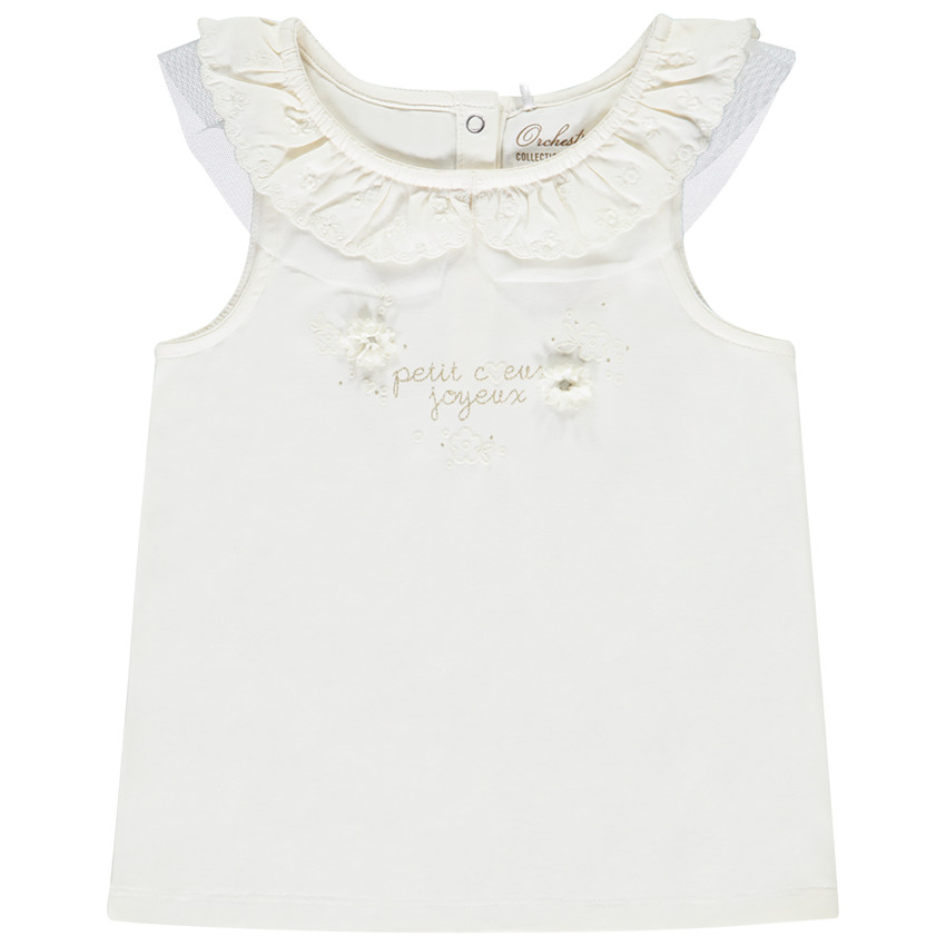 Camiseta sin mangas unicolor con cuello de encaje para niña bebé 