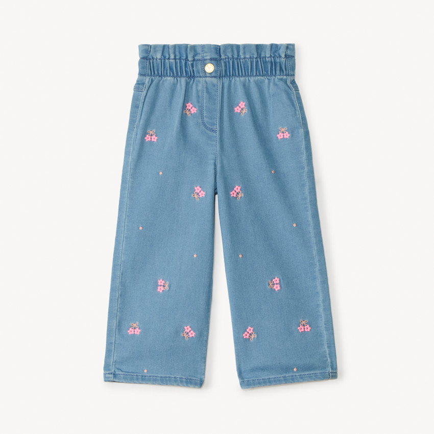 Jeans anchos con cintura elástica y bordado de flores para niña bebé 