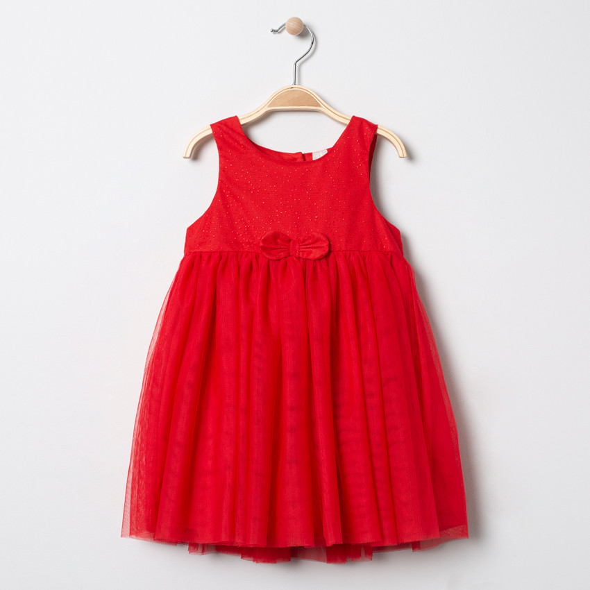 Robe de fêtes sans manches rouge à pois dorés 