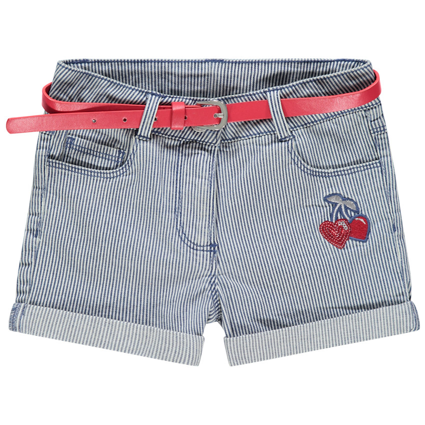 Short en jean à fines rayures et cerises en sequins 
