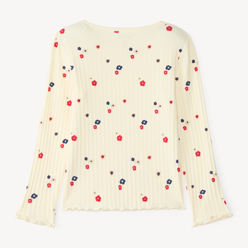Camiseta de manga larga niña de canalé con estampado de flores 
