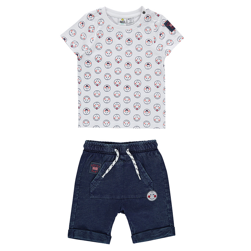 Conjunto de camiseta con Smiley estampado y bermudas efecto vaquero  