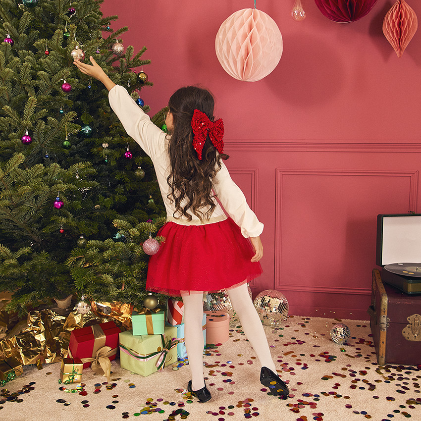 Vestido de fiesta de manga larga efecto 2 en 1 de bi-materia para niña 