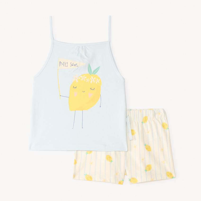 Conjunto de pijama de 2 piezas: top sin mangas y short con estampado de limones para niña. 
