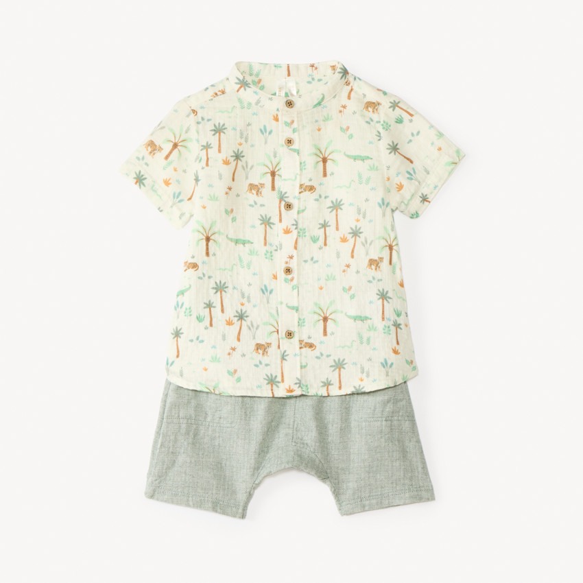 Conjunto corto de 2 piezas, camisa y bermuda con estampado tropical para bebé niño. 