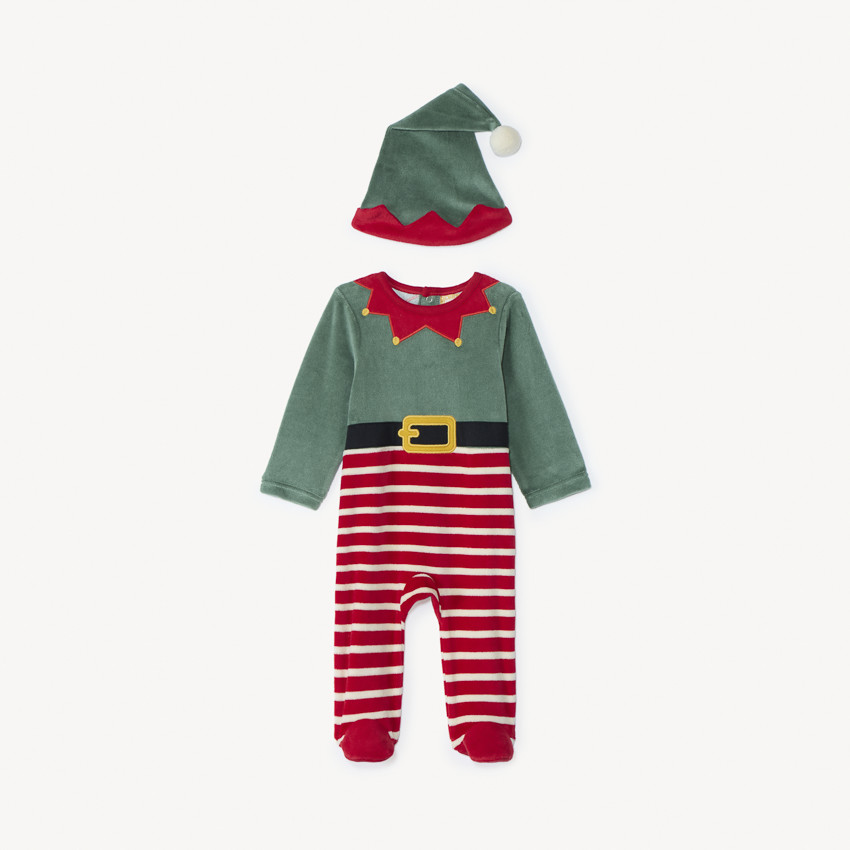 Conjunto divertido de pijama de duende navideño + gorro de terciopelo para bebé 