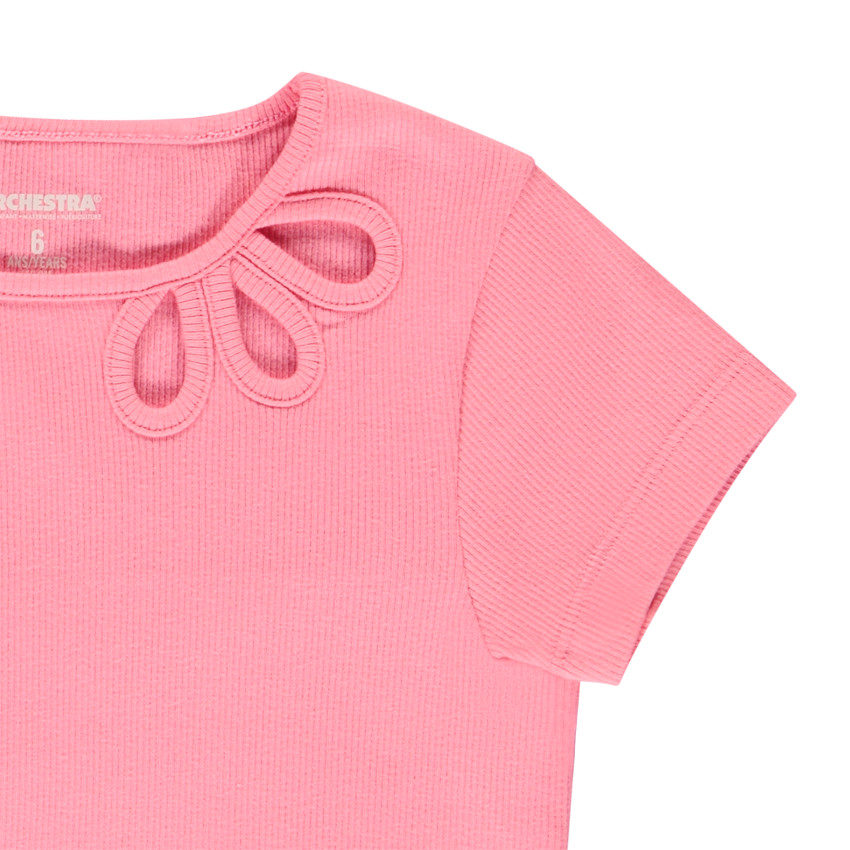 Camiseta de manga corta de punto acanalado con cuello calado para niña 