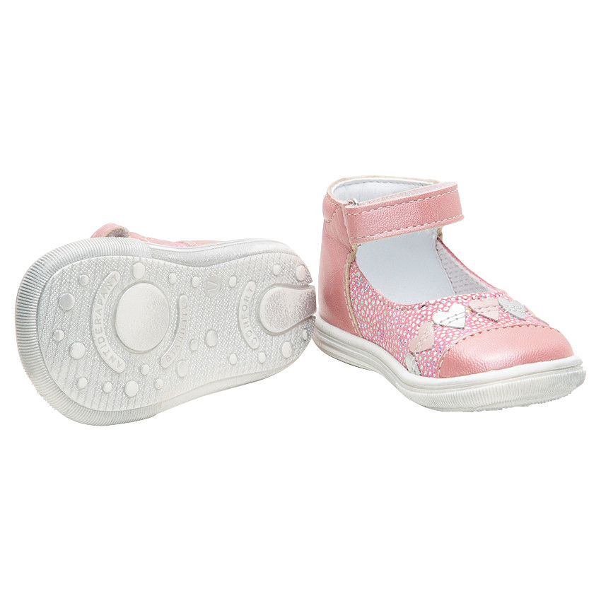 Merceditas de cuero rosa brillante con aplicaciones con forma de corazón 